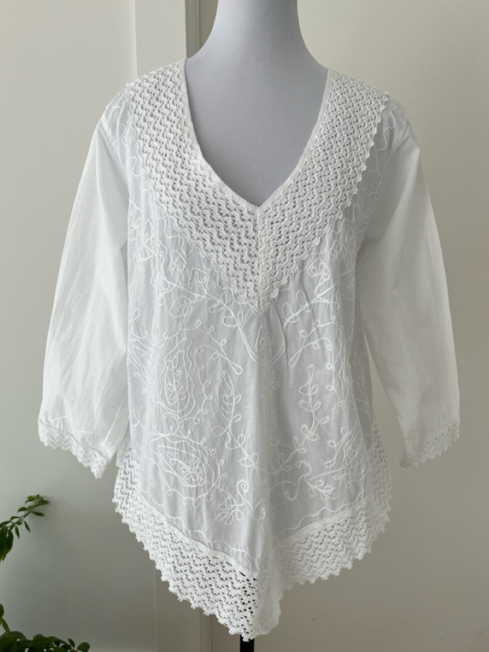 ASHA Deep V Neck Pullover Top 100% Cotton Lace Trim Sheer Boho Summer Casual